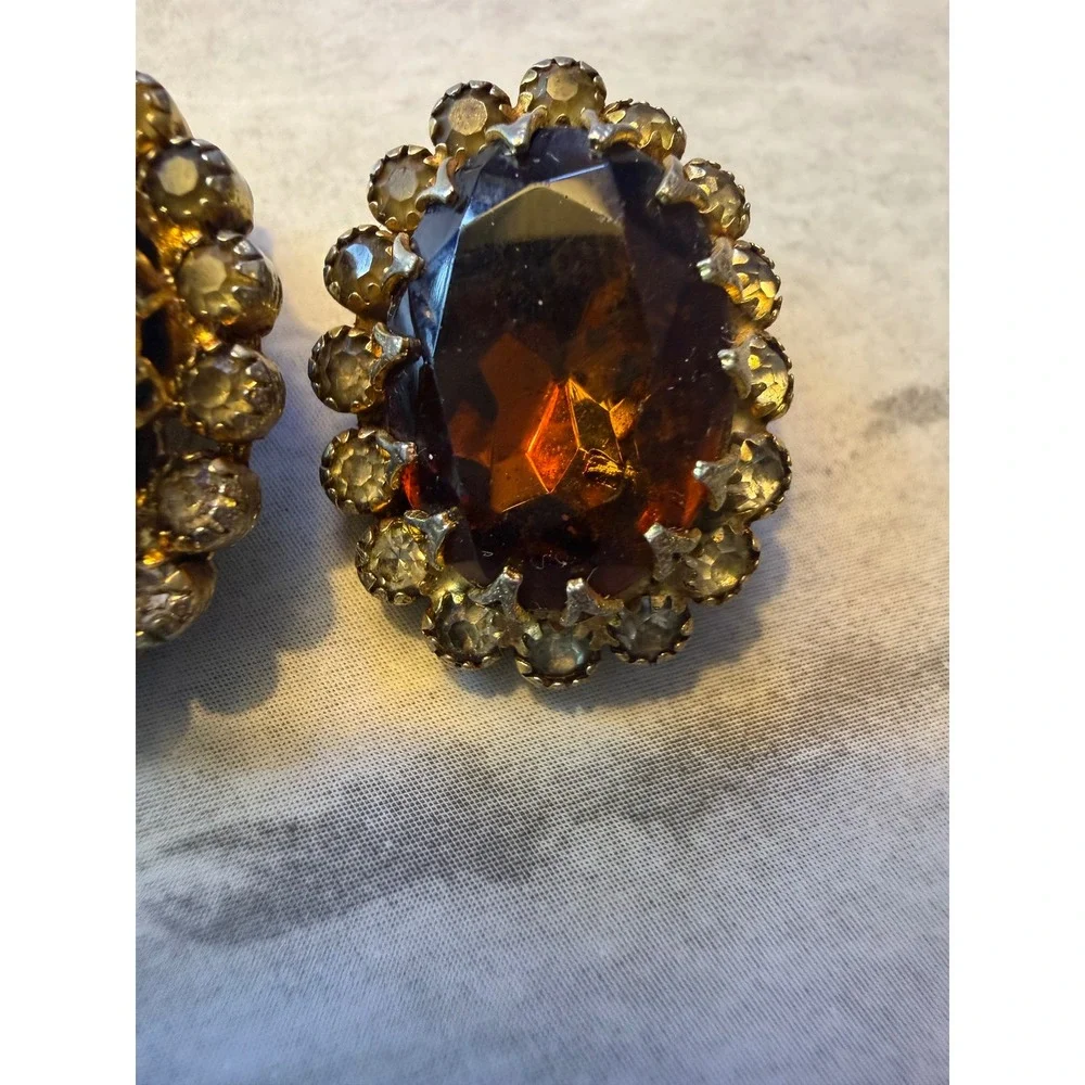 Vintage Amber Glass Rhinestone Clip On Earrings Gold Tone Costume Statement